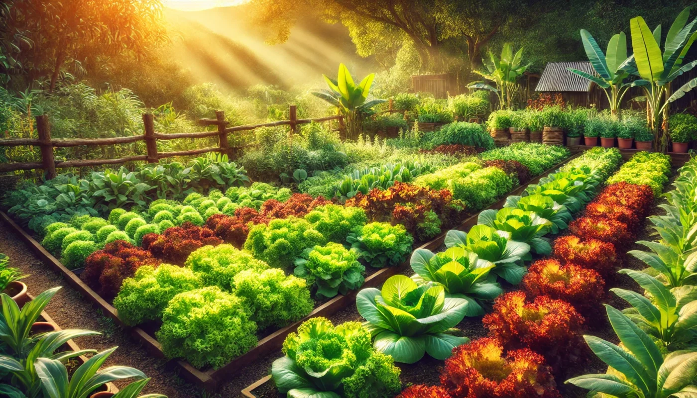 A widescreen image of a vibrant vegetable garden featuring various types of lettuce, including romaine, butterhead, and red leaf, thriving in neat rows under warm sunlight. The scene includes a rustic wooden fence and surrounding greenery, highlighting the natural source of anti-inflammatory lettuce.