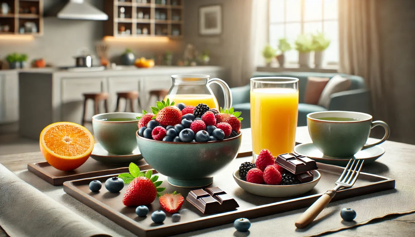 A widescreen, vibrant image showcasing a luxurious breakfast setup with antioxidant-rich foods. The table features a bowl of mixed berries (blueberries, strawberries, raspberries), a glass of freshly squeezed orange juice, a cup of green tea, and a small plate with dark chocolate pieces. The modern kitchen in the softly lit background highlights the freshness of the ingredients.