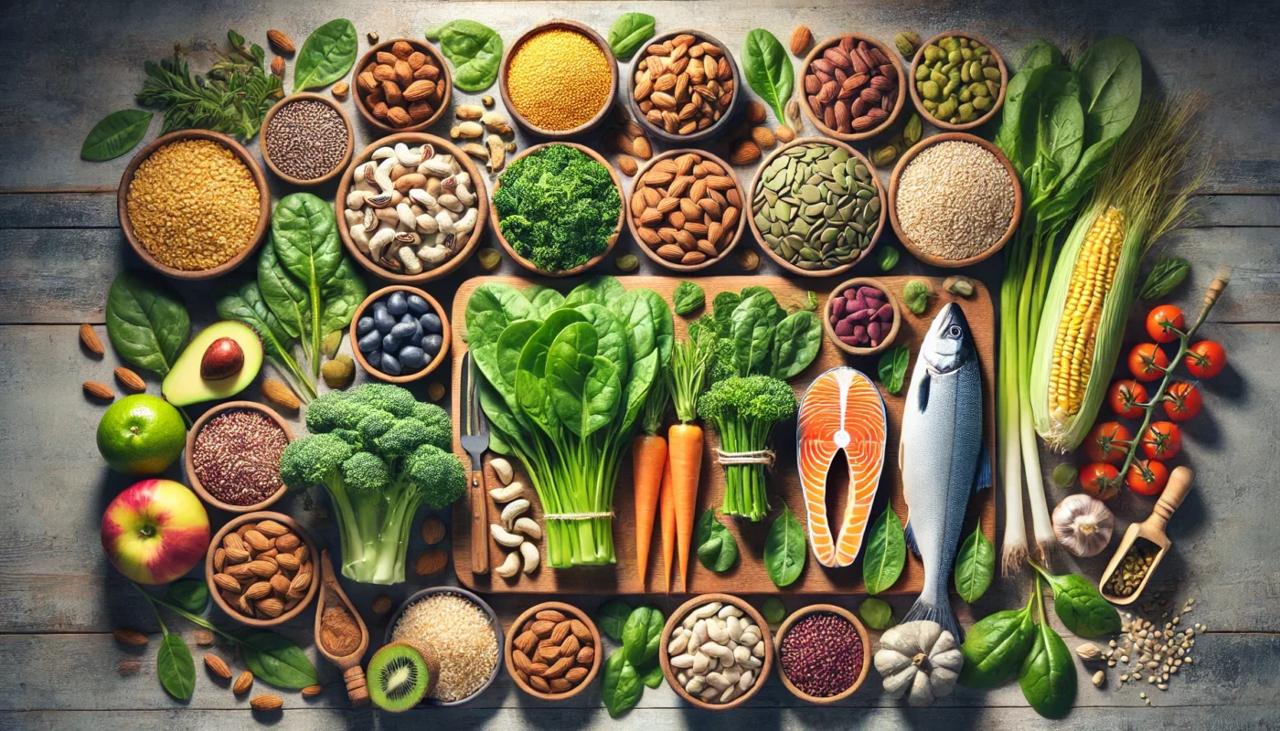 A clean and text-free horizontal image showcasing a variety of magnesium-rich foods, including leafy greens, nuts, seeds, and whole grains, displayed on a wooden surface. Ideal for illustrating dietary sources of magnesium beneficial for hypertension management.