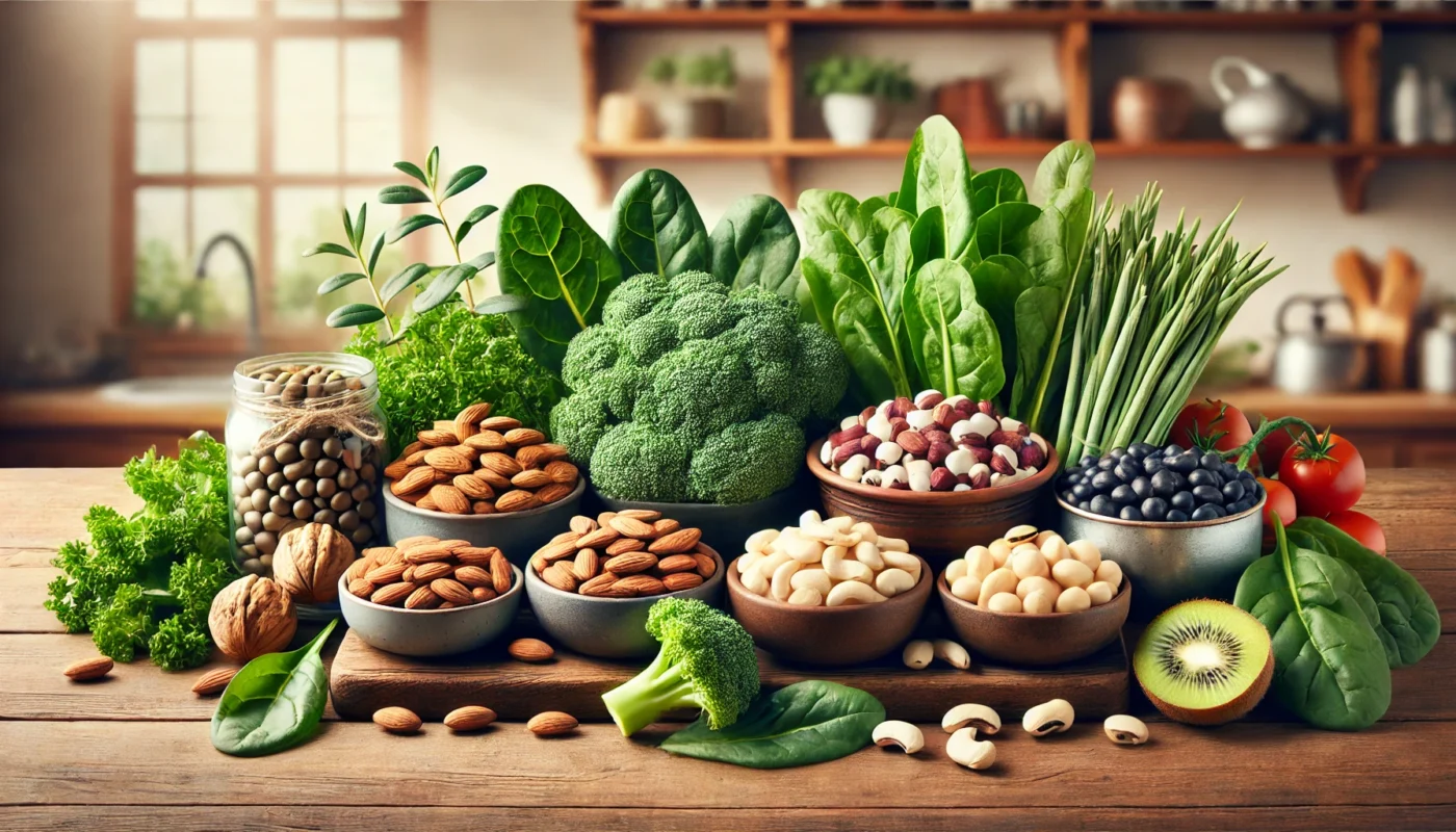 A clean and text-free horizontal image showcasing an assortment of magnesium-rich foods, including leafy greens, nuts, seeds, and whole grains, displayed on a wooden table for a natural and healthy presentation.