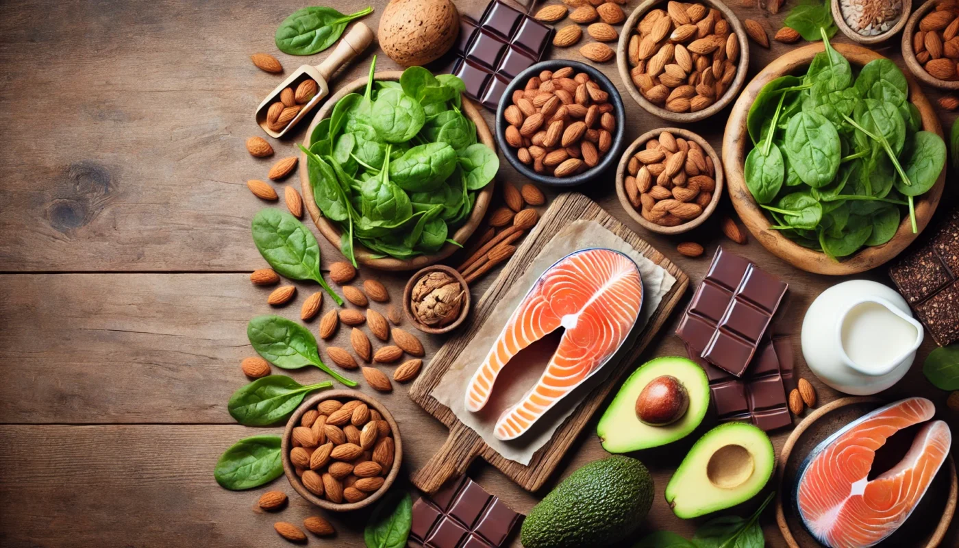 A clean and text-free image of a variety of magnesium-rich foods including spinach, almonds, salmon, dark chocolate, and avocados displayed on a wooden table in a natural and inviting style. These foods could help in combating hypertension.