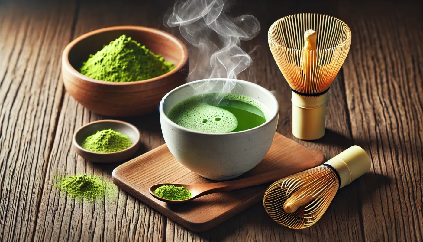 A high-resolution widescreen image of a steaming cup of matcha green tea in a white ceramic cup, accompanied by a bamboo whisk and a bowl of matcha powder on a wooden table. The setup highlights matcha's rich antioxidants and anti-inflammatory properties.