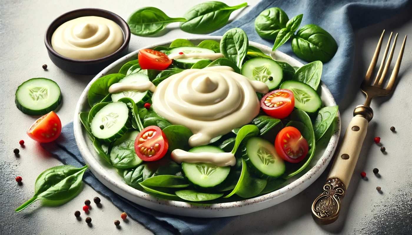 A widescreen image of creamy mayonnaise dressing drizzled over a fresh salad with spinach, cherry tomatoes, and sliced cucumbers, showcasing a health-conscious, anti-inflammatory application of mayonnaise.