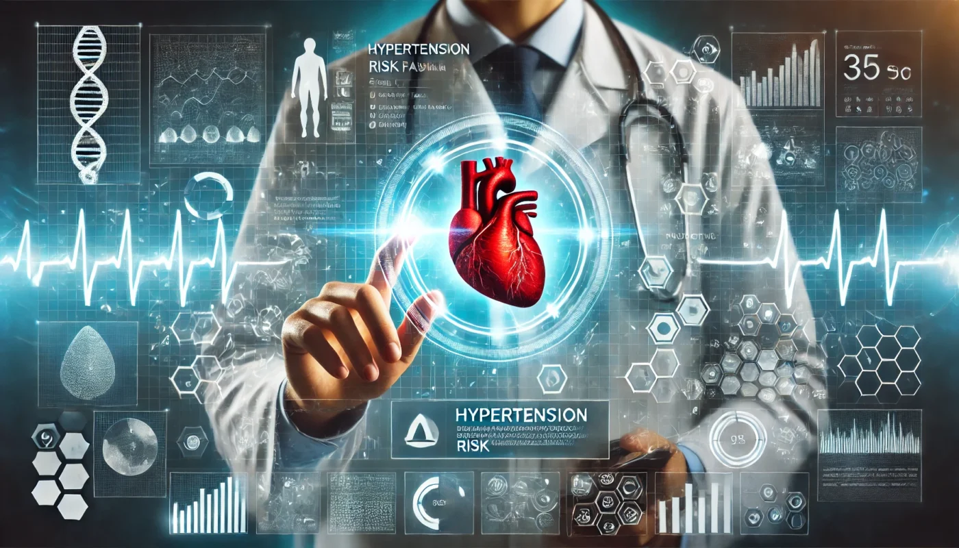 A medical professional interacts with an abstract digital screen displaying glowing, dynamic visuals of hypertension risk factors and predictive analytics. The scene emphasizes advanced healthcare technology without any text or letters.