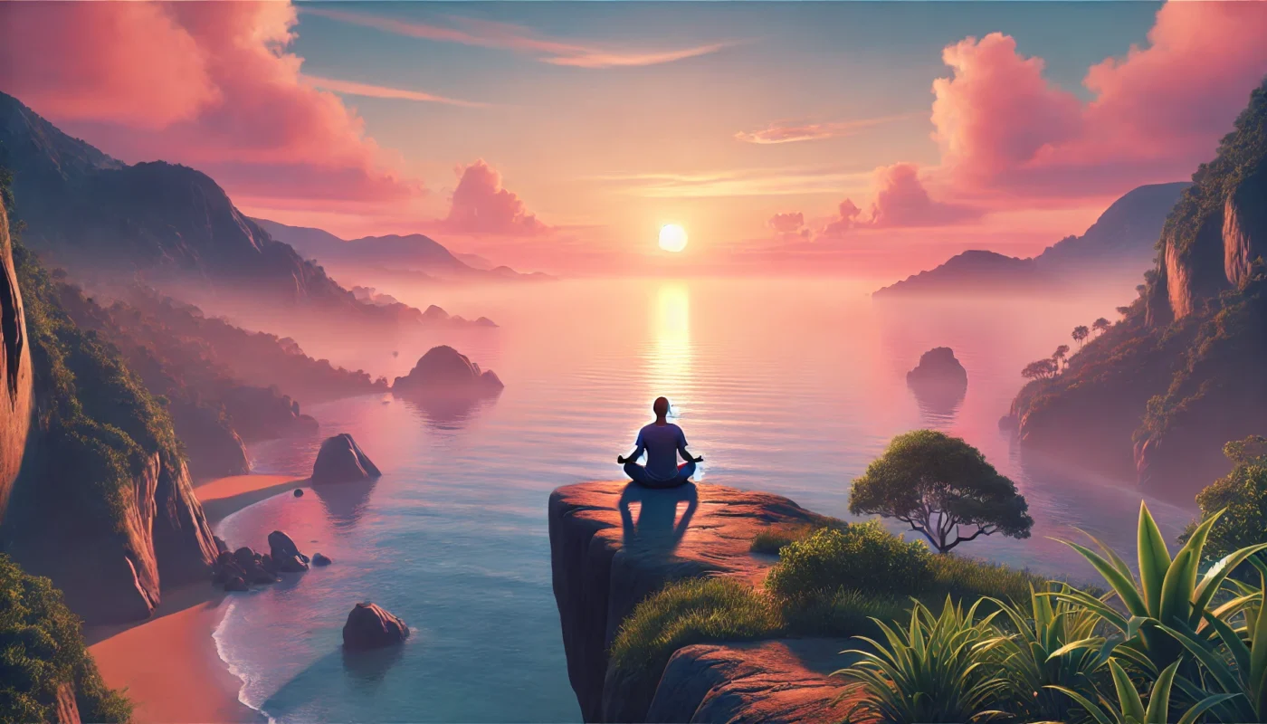 A peaceful person meditating on a cliffside overlooking a calm ocean at sunset, symbolizing emotional resilience and stress management. The scene features tranquil waters, a vibrant sky with pink and orange hues, and lush greenery along the cliff edge.