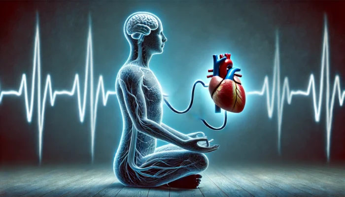 An abstract conceptual illustration depicting the relationship between meditation and hypertension management. The image features a calm human figure in a meditative pose, with symbolic waves connecting the brain and heart, emphasizing stress reduction and blood pressure control.