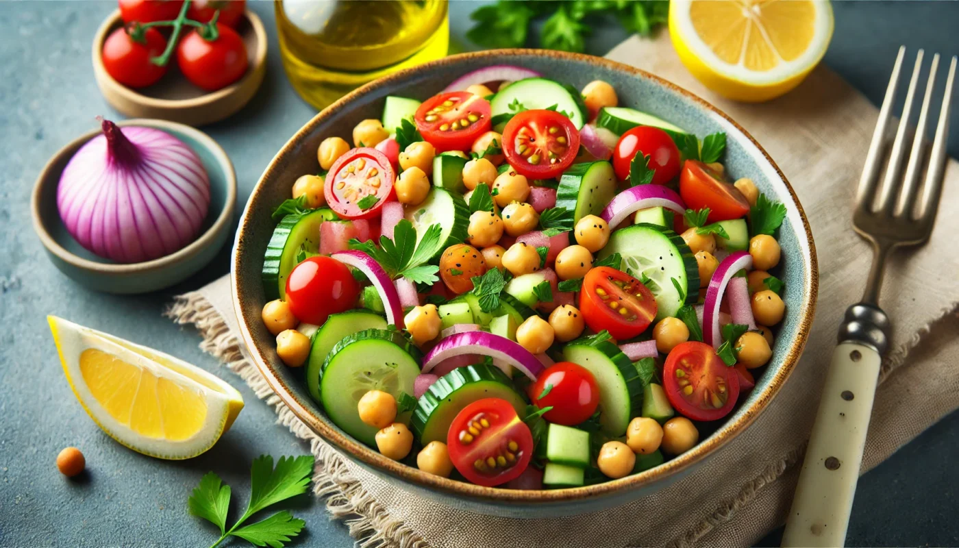 A colorful bowl of Mediterranean chickpea salad featuring diced cucumber, cherry tomatoes, red onion, and fresh parsley, with a small dish of olive oil and a lemon wedge on the side. Highlights freshness and health benefits for hypertension management.