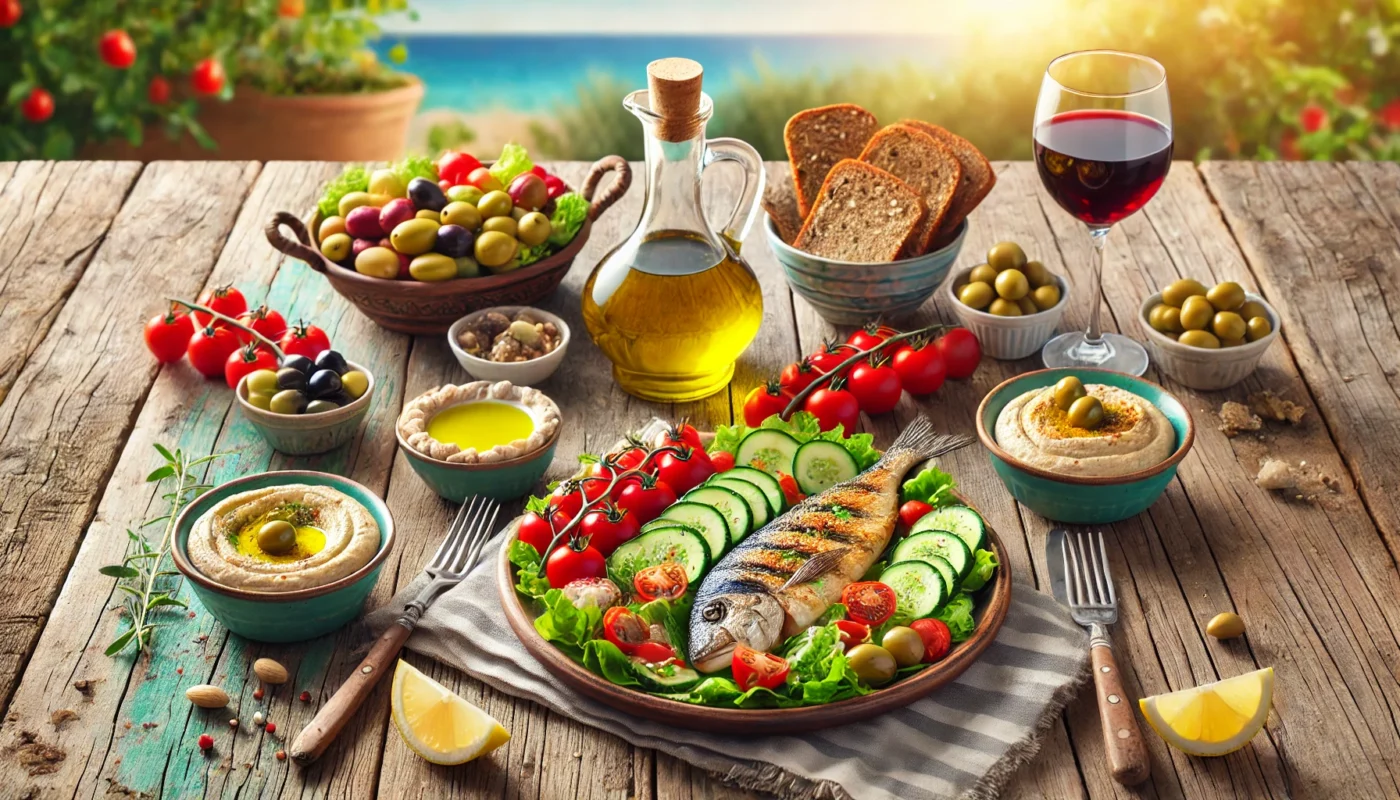 A vibrant Mediterranean meal featuring grilled fish, a fresh mixed salad, hummus with olive oil, whole grain bread, and a glass of red wine on a rustic table, set against a sunny Mediterranean coastal backdrop. This image seeks to emphasize the relationship between Mediterranean diet and inflammation.