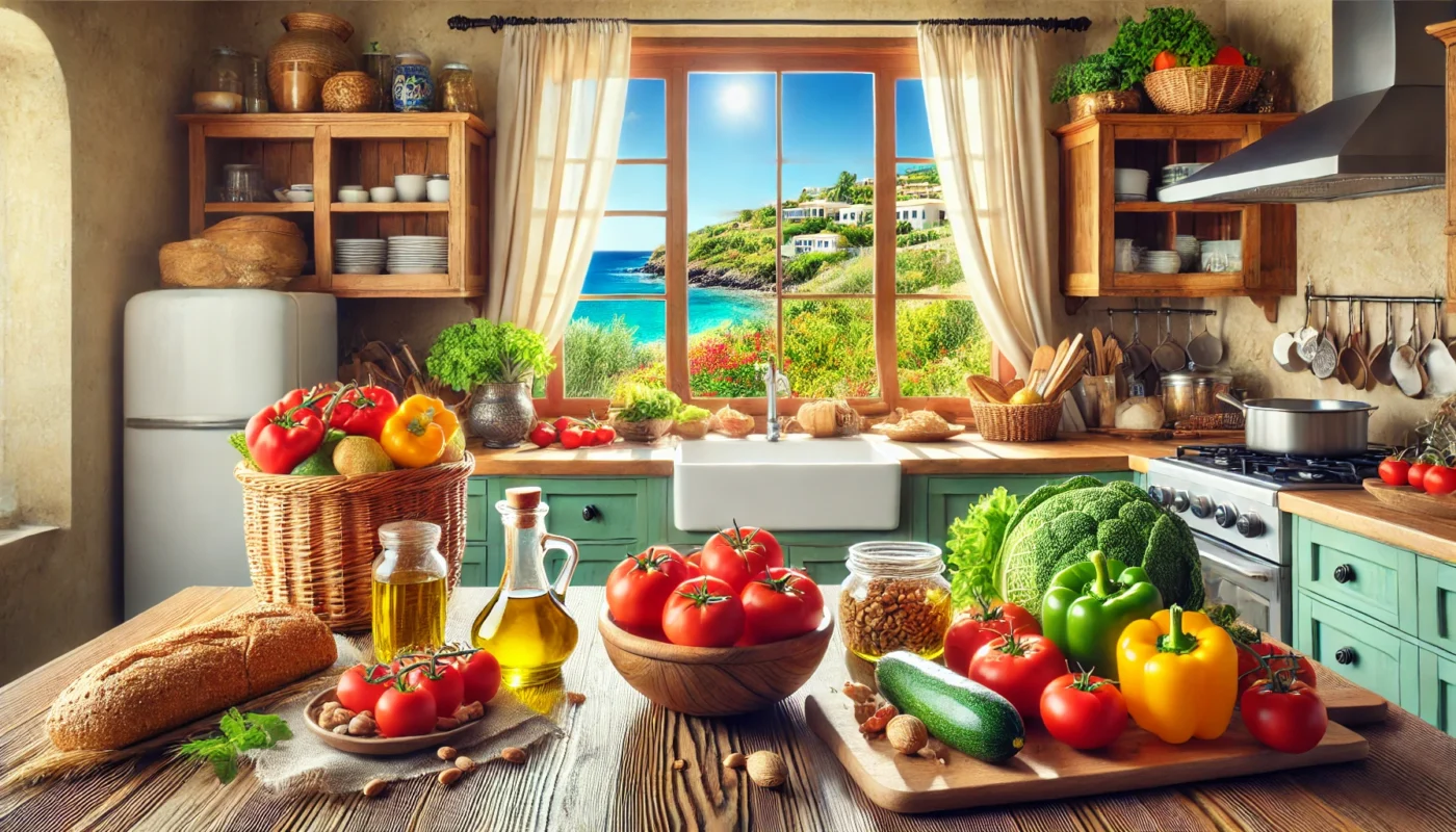 A warm, inviting Mediterranean kitchen with natural light illuminating wooden countertops. The space features fresh vegetables like tomatoes, bell peppers, and zucchini, bowls of nuts, olive oil bottles, and a basket of whole-grain bread. In the background, a window opens to a sunny Mediterranean coastal view with turquoise waters and lush greenery. The image captures the freshness and healthiness of the Mediterranean diet.