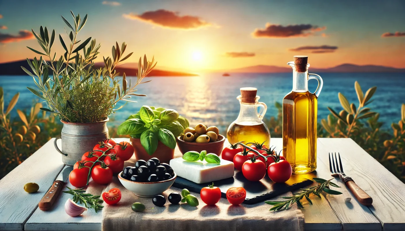 A serene outdoor dining setup overlooking the Mediterranean Sea at sunset, featuring a table with fresh ingredients like olives, cherry tomatoes, basil, feta cheese, and olive oil, highlighting the Mediterranean diet's anti-inflammatory focus.