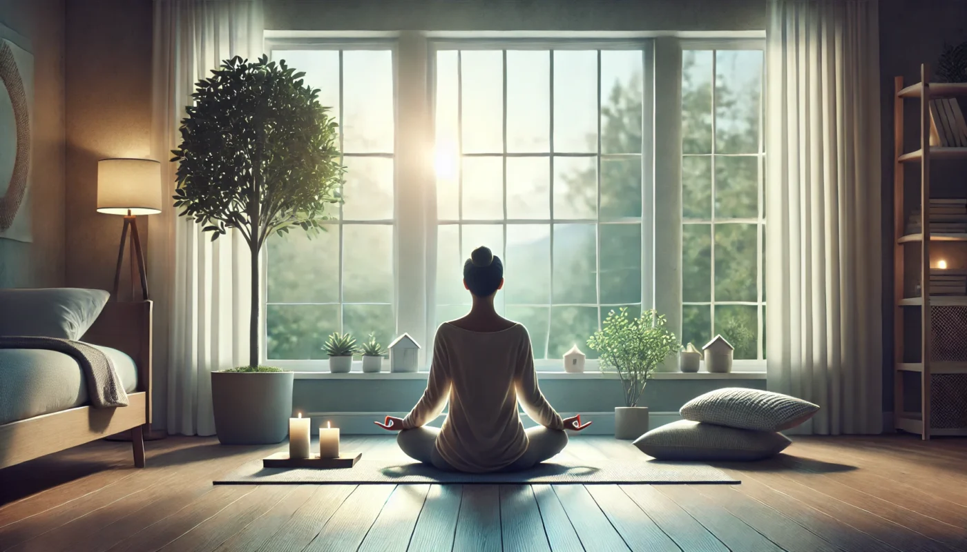 A peaceful, widescreen horizontal image showcasing a person practicing mindfulness meditation indoors, seated cross-legged on a mat in a softly lit room with natural light streaming through large windows, emphasizing relaxation techniques for stress and hypertension management.