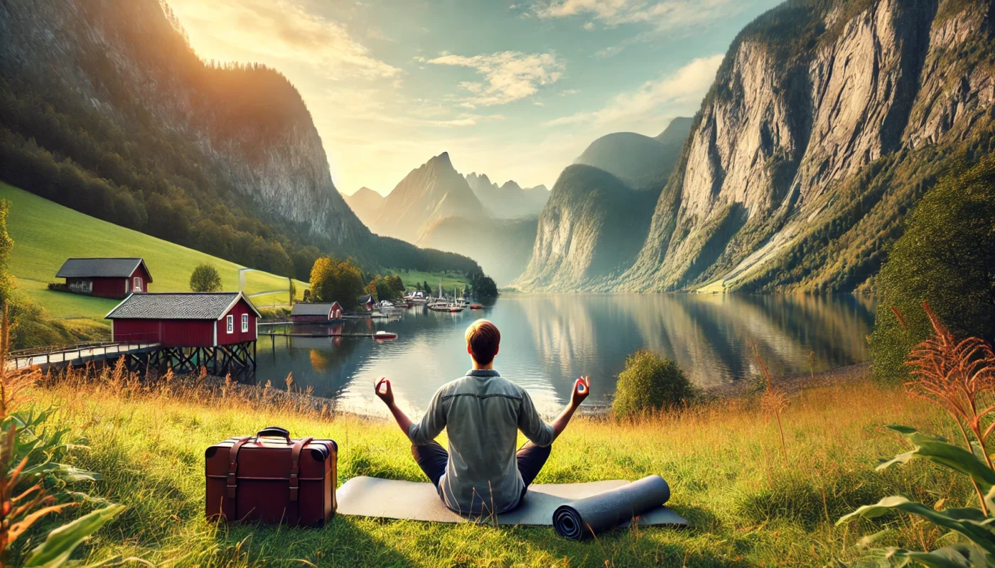 A serene scene of a person meditating outdoors on a yoga mat with a scenic mountain view in the background. Highlights stress management and relaxation techniques for maintaining healthy blood pressure while traveling.