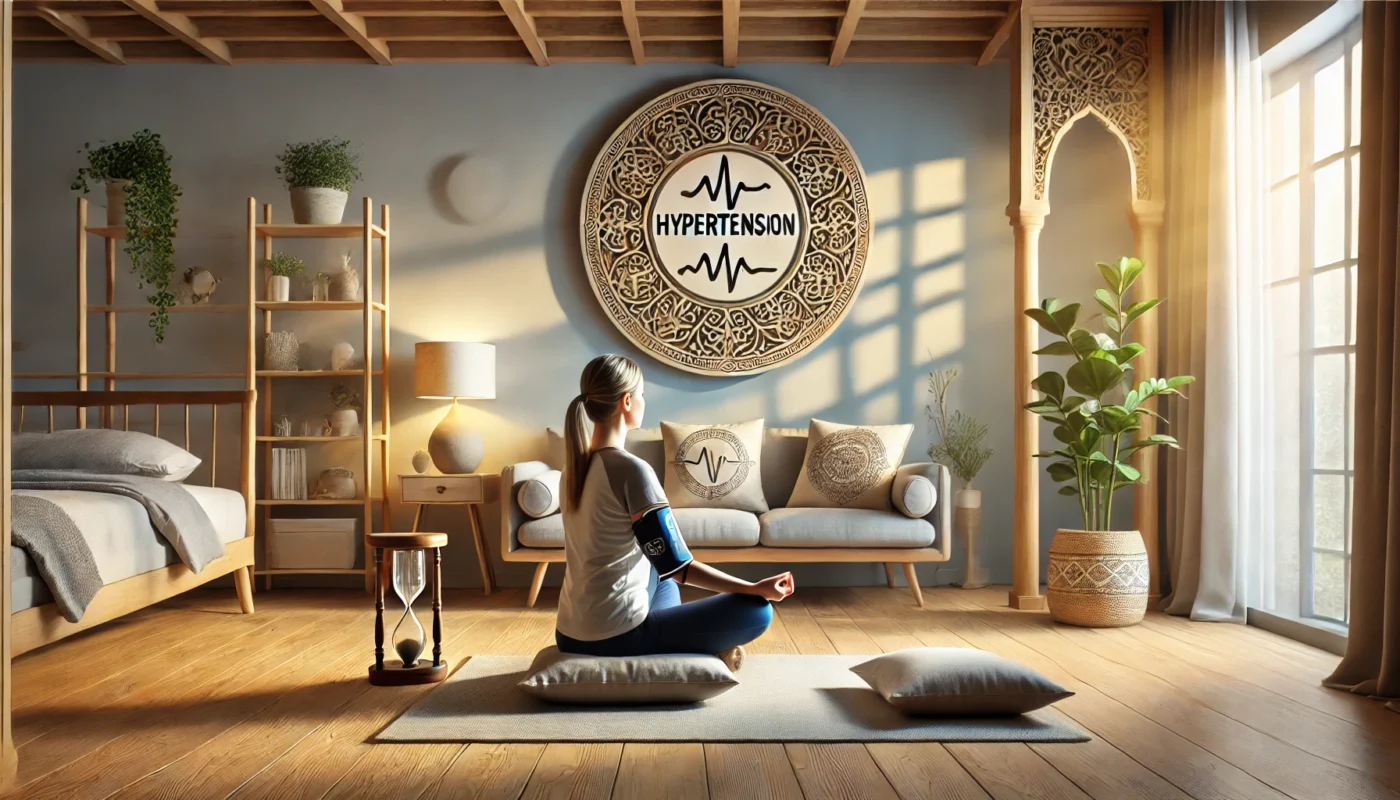 A serene indoor setting with a person practicing mindfulness meditation on a cushion, surrounded by calming decor and natural light, symbolizing stress reduction for managing hypertension's psychological burden.