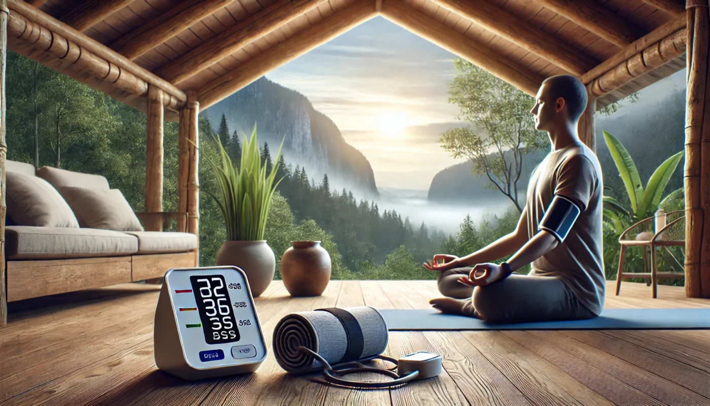 A serene home setting with an individual practicing mindfulness for stress reduction, with a blood pressure monitor nearby, symbolizing proactive hypertension prevention.