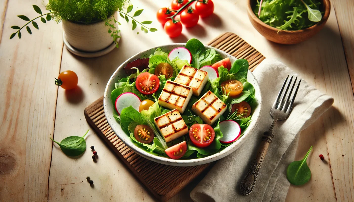 A vibrant, widescreen horizontal image of a minimalist vegan meal featuring grilled tofu cubes on a bed of fresh mixed greens, cherry tomatoes, and thinly sliced radishes, drizzled with a vinaigrette dressing, served on a white ceramic plate placed on a wooden table with natural sunlight illuminating the scene.