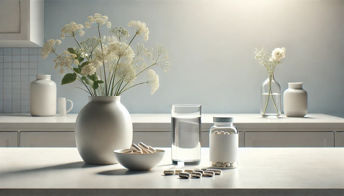 A widescreen image of a clean, minimalistic kitchen counter with a glass of water, a dish of unmarked capsules representing glucosamine chondroitin and collagen supplements, and a small vase with fresh flowers. Soft natural light highlights the counter, creating a serene and health-focused atmosphere.