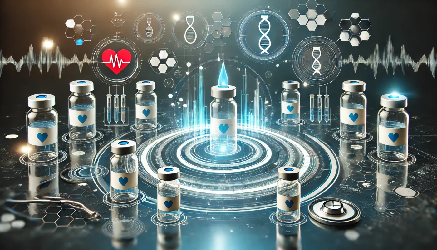 A modern clinical trial setup featuring medical vials, glowing futuristic data streams, and symbolic elements representing hypertension research. The innovative design is entirely free of text or letters.