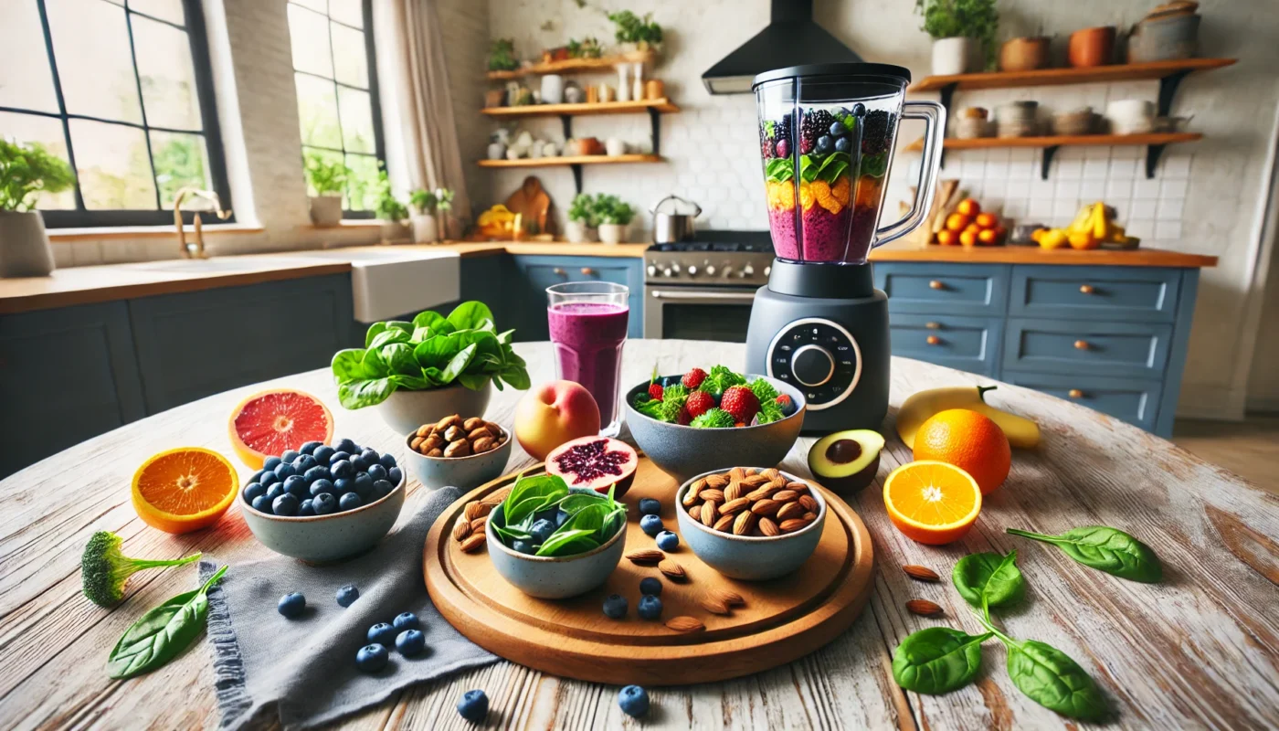 A wide-angle view of a modern kitchen countertop filled with antioxidant-rich foods, including fresh berries, leafy greens, nuts, and citrus fruits, promoting a health-focused lifestyle and inflammation management.