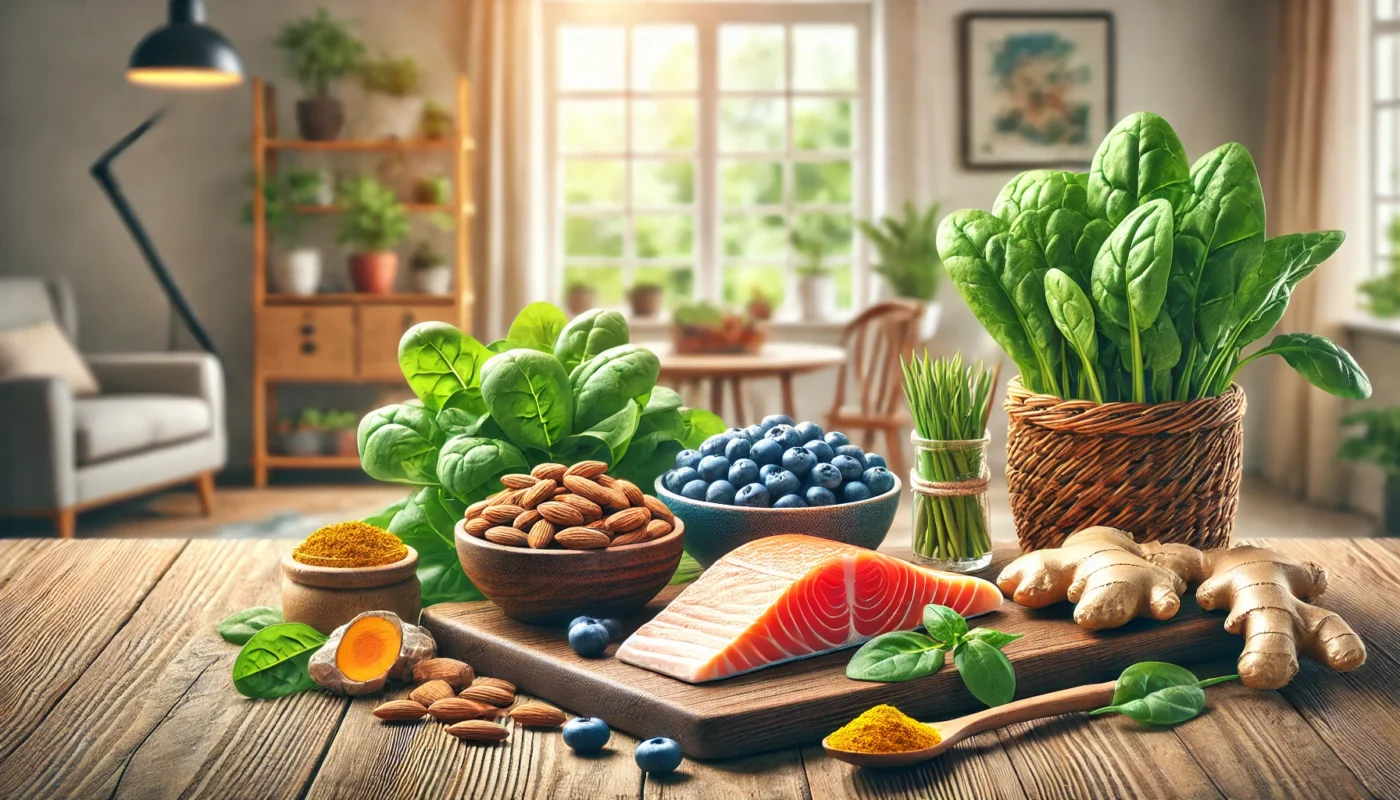 What is the alternative of drug for inflammation of the joints? This is a widescreen image of a cozy home setting featuring a wooden table adorned with anti-inflammatory foods for joint health, including fresh salmon, a bowl of almonds, vibrant spinach leaves, blueberries, turmeric roots, and ginger. The soft natural lighting and potted plants in the background emphasize a natural and healthy lifestyle.