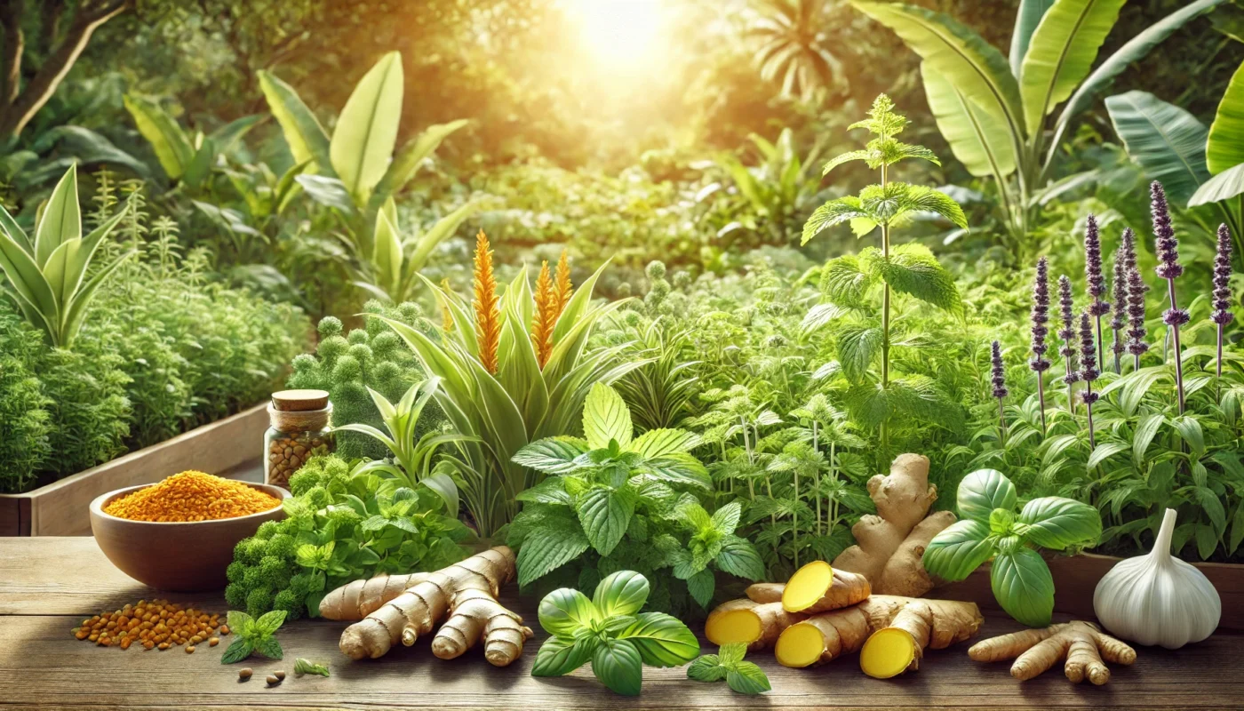 A high-resolution widescreen image of a natural herb garden featuring various anti-inflammatory plants like turmeric, ginger, basil, and peppermint growing in well-maintained rows under soft sunlight, highlighting health and wellness.