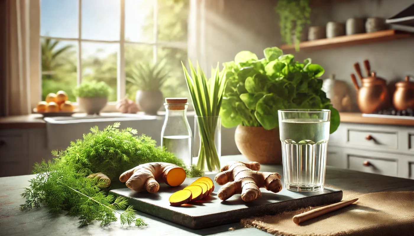 A tranquil, text-free image of a kitchen counter showcasing fresh turmeric roots, ginger slices, leafy greens, and a glass of water, illuminated by sunlight through a nearby window, emphasizing natural wellness and joint health.