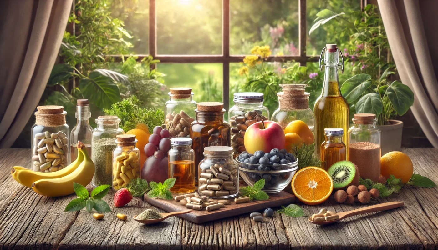 A serene, text-free, high-resolution widescreen image of supplements for stiff muscles, including herbal capsules, powders, and liquids in clear containers. The supplements are surrounded by fresh fruits, nuts, and leafy greens, displayed on a rustic wooden table near a sunlit window, with a garden view in the background.