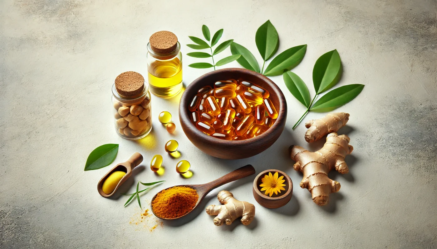 A high-resolution, text-free, widescreen image showcasing a clean arrangement of natural supplements for osteoarthritis relief. The image features a wooden bowl filled with fish oil capsules, fresh turmeric roots with spice powder, green leaves, and a small dish of powdered ginger, all on a bright, neutral background emphasizing natural healing and joint health.