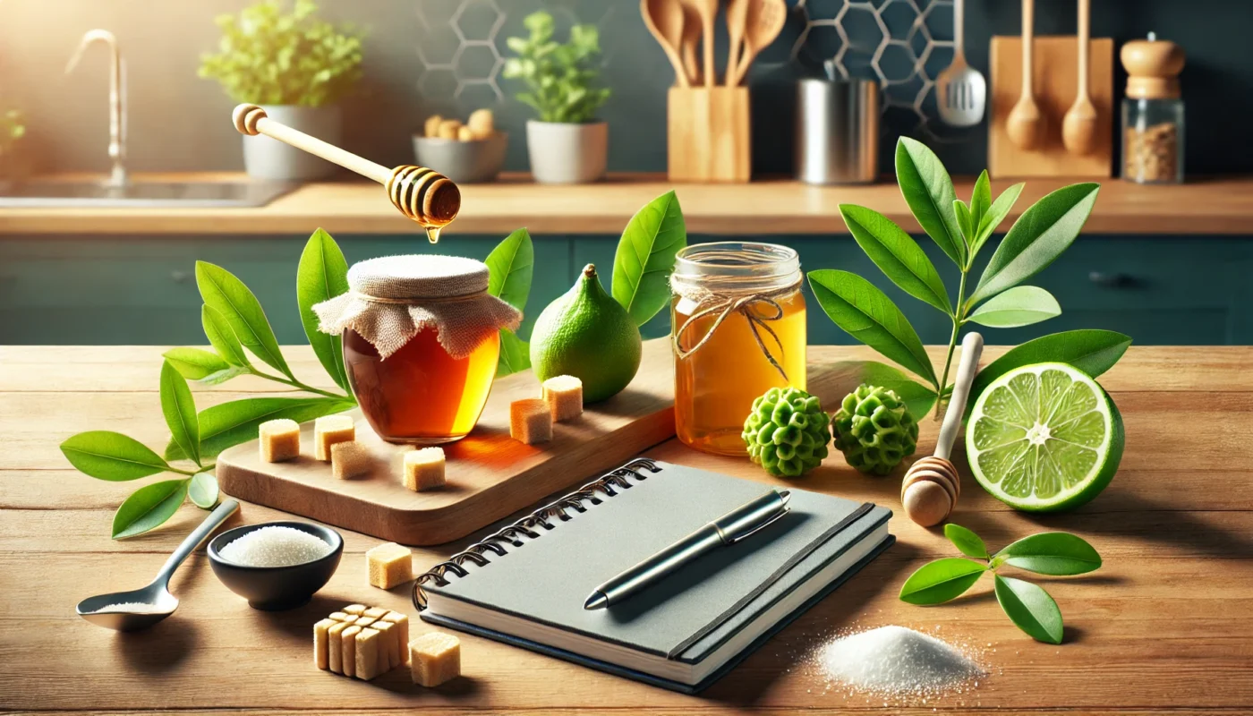 A vibrant widescreen image showcasing a modern kitchen countertop with natural sweetener options such as honey, stevia leaves, and monk fruit, complemented by a small notebook for dietary planning. The minimalist design emphasizes healthy living and smart dietary choices.