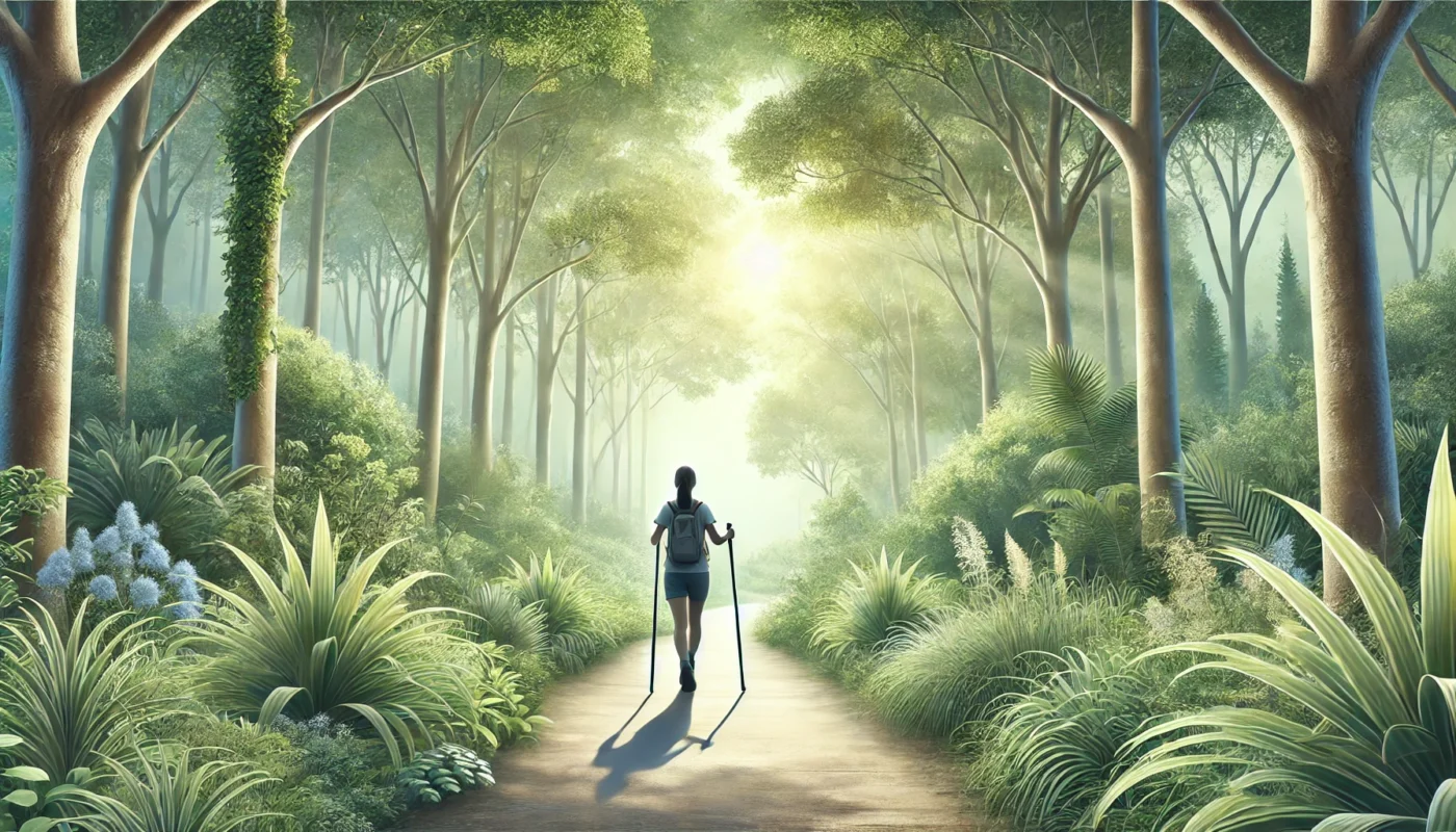 A full-image depiction of a serene nature trail with a person walking using trekking poles. The trail is enveloped by dense greenery, tall trees, and soft sunlight filtering through the canopy, symbolizing balance, active living, and a connection with nature.