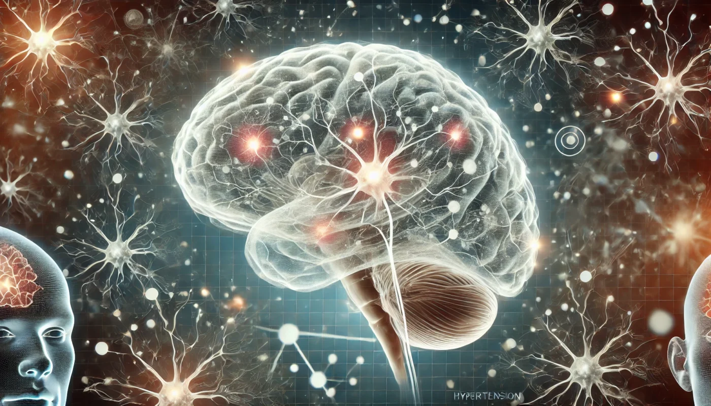 An artistic depiction of white matter lesions in a transparent, glowing brain, highlighting the connection between hypertension and cognitive decline.