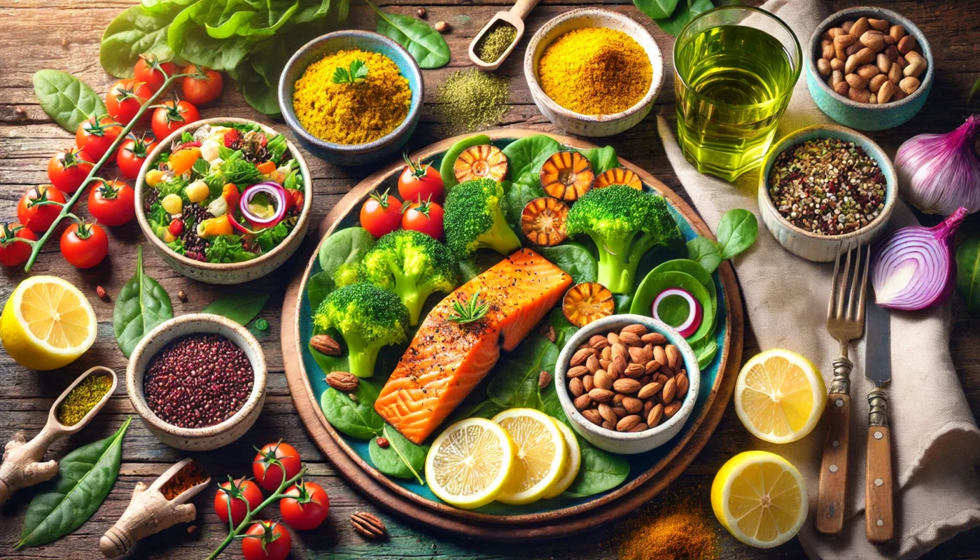 A vibrant anti-inflammatory dinner spread featuring grilled salmon with lemon slices, roasted broccoli and sweet potatoes, quinoa salad with cherry tomatoes and greens, and a bowl of mixed nuts, all set on a rustic wooden table with green tea and turmeric spice.