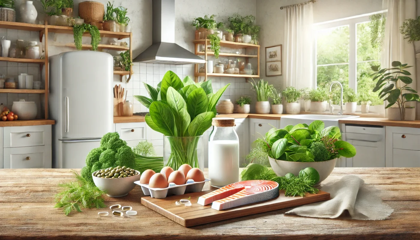 A widescreen image of a modern kitchen featuring nutrient-rich foods for bone and joint health, including fresh leafy greens, salmon, eggs, and a glass of milk, with supplements like calcium and omega-3 neatly placed. The bright setting has natural light and potted plants, creating a wellness-focused ambiance.