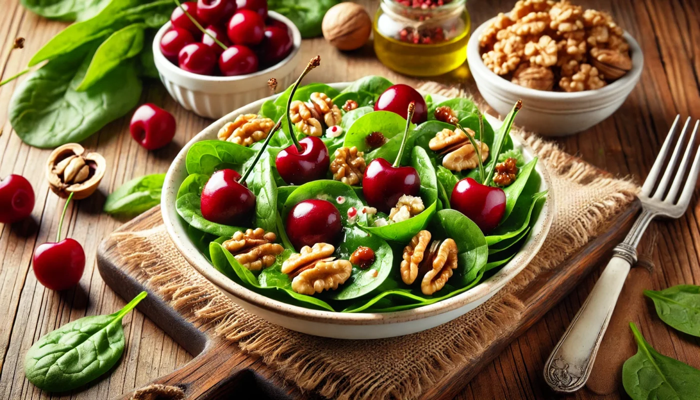 A widescreen image of a healthy salad featuring fresh spinach leaves, roasted walnuts, tart cherry halves, and a light vinaigrette dressing served in a white bowl, perfect for promoting joint health and reducing inflammation.