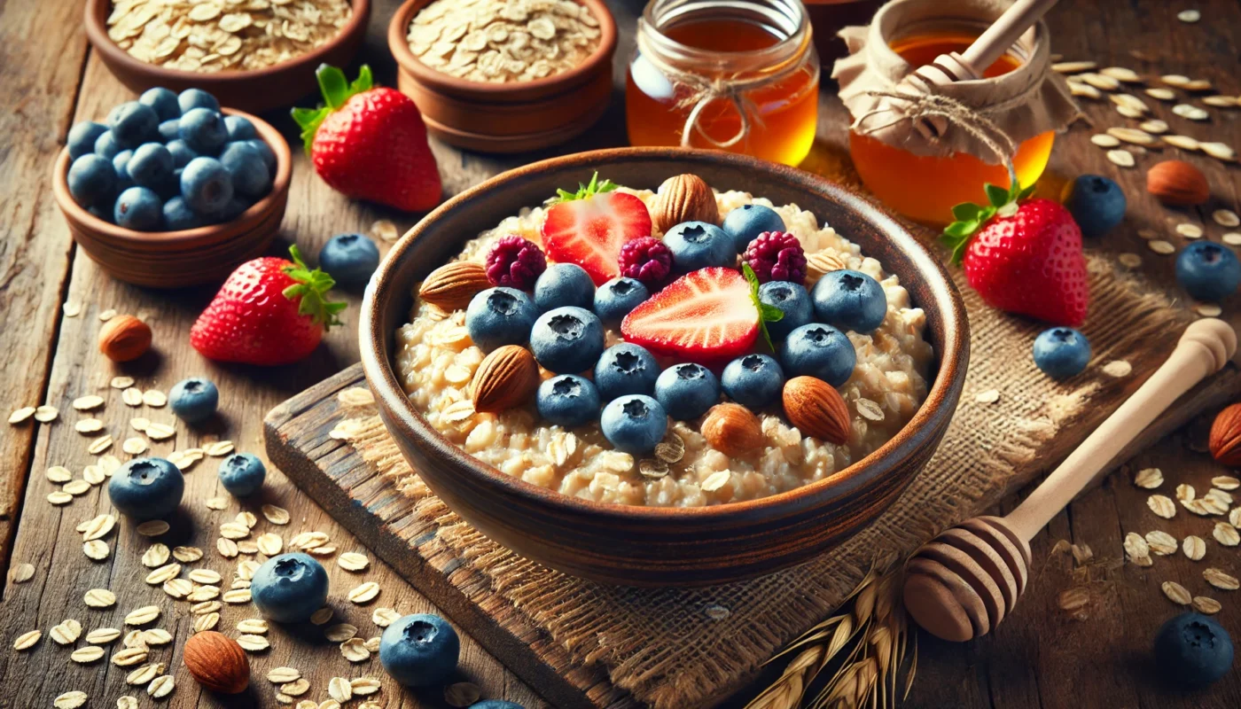 Are oats inflammatory? This is a widescreen image of a warm bowl of oatmeal topped with fresh blueberries, strawberries, and a sprinkle of nuts, placed on a rustic wooden table surrounded by oats and honey. The scene highlights the anti-inflammatory and nutritious qualities of oats.