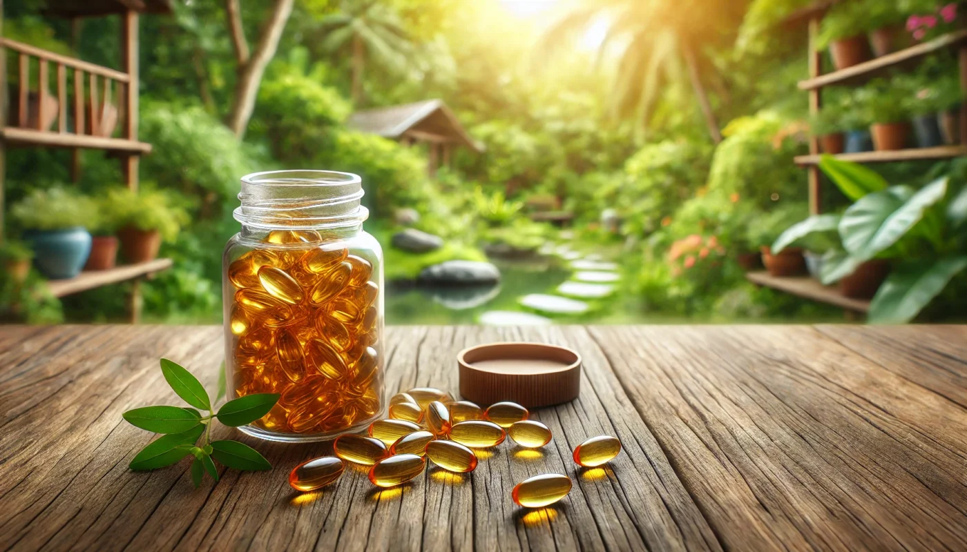 A collection of omega-3 capsules spilling from a clear glass bottle onto a wooden table, set against a blurred green garden background, symbolizing natural wellness and health.