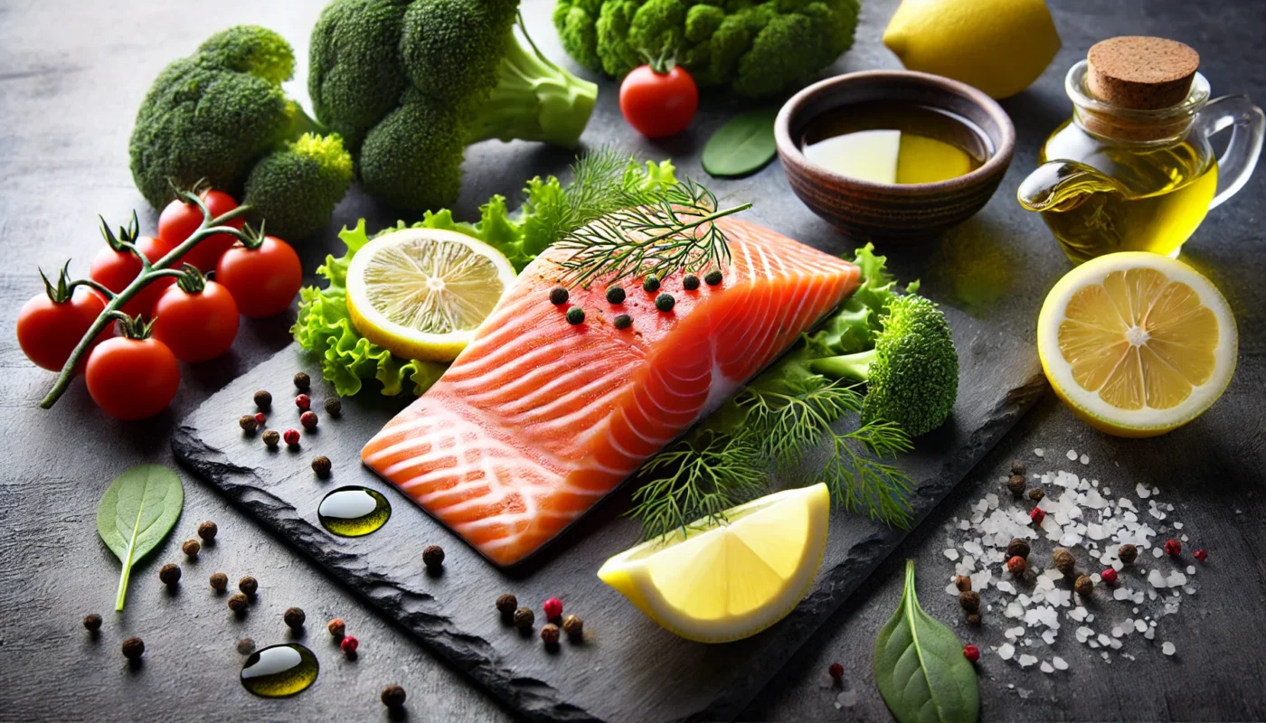 A widescreen image of a fresh salmon fillet garnished with lemon slices, dill, and a small bowl of olive oil on a slate plate. The background features raw vegetables like broccoli and cherry tomatoes, showcasing the anti-inflammatory benefits of omega-3 fatty acids in salmon as a natural NSAID.