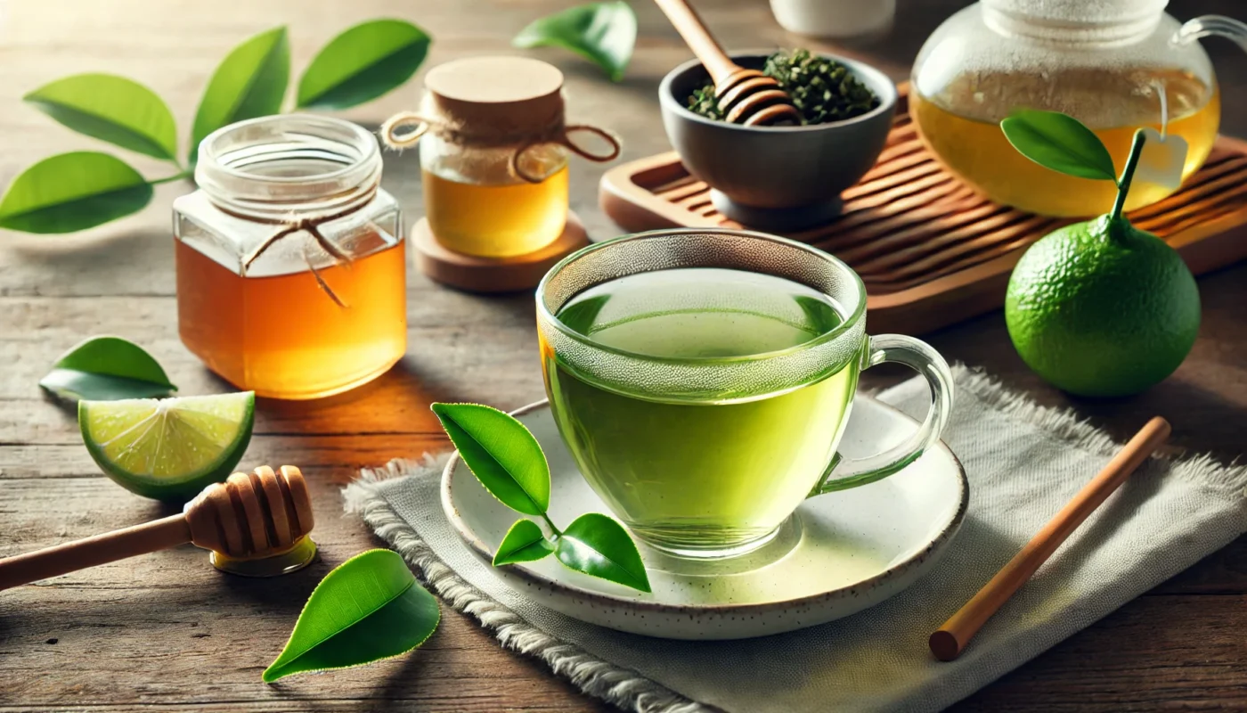 A serene widescreen image of a glass teacup filled with organic sencha green tea placed on a white ceramic saucer, accompanied by fresh tea leaves and a small wooden jar of honey. The scene emphasizes sencha's refreshing flavor and anti-inflammatory benefits.