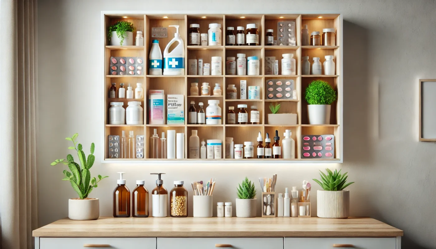 A high-resolution widescreen image featuring a neatly organized shelf displaying various over-the-counter NSAID medications in a pharmacy setting.