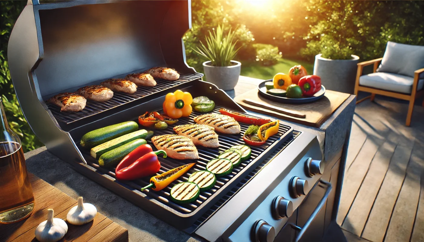 Is grilled meat inflammatory? This is a vibrant outdoor grilling station featuring lean chicken breasts and colorful vegetables like bell peppers, zucchini, and mushrooms, all lightly grilled with minimal charring, reflecting a health-conscious approach to cooking.