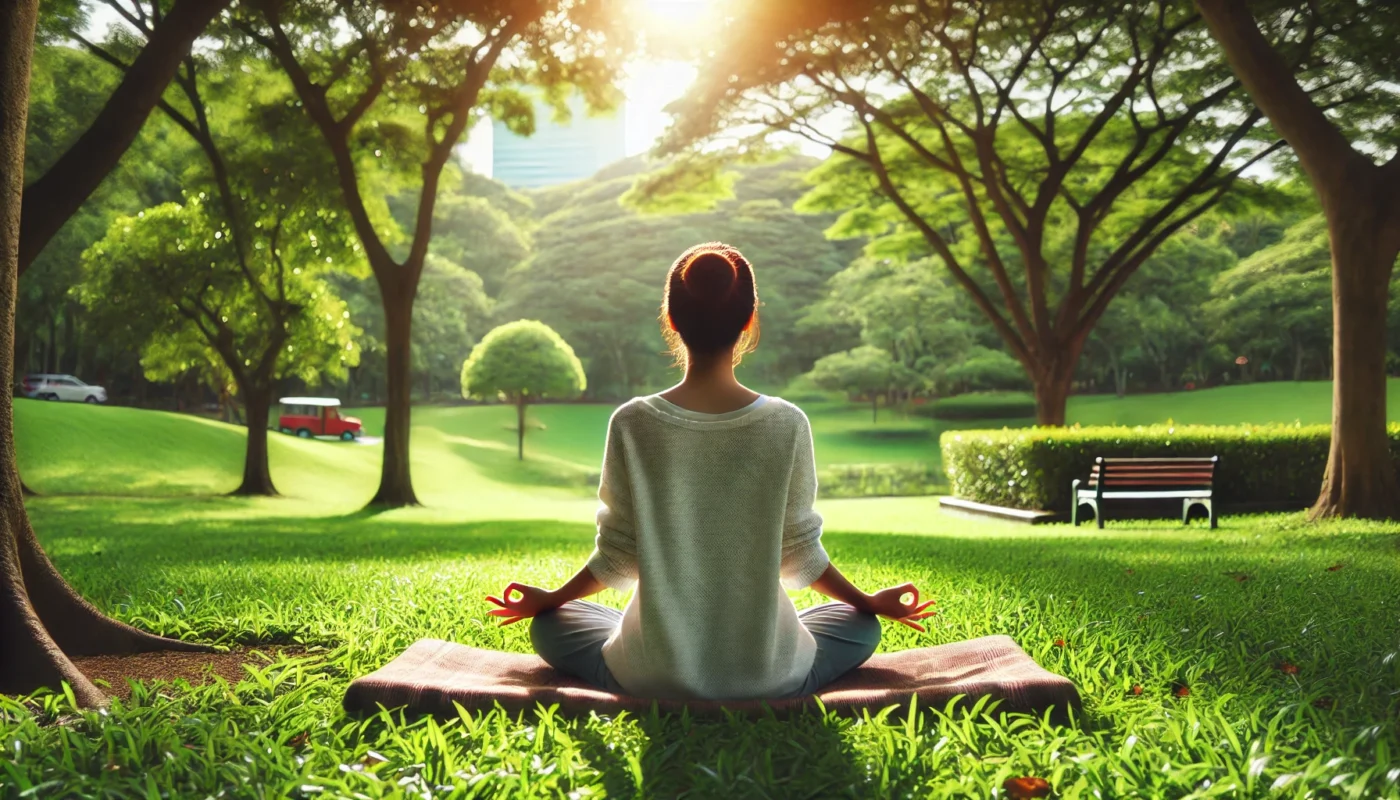 A peaceful outdoor scene of an individual practicing mindfulness meditation, sitting cross-legged on the grass with closed eyes. The serene setting includes lush greenery, sunlight filtering through trees, and a calm atmosphere, helping lower hypertension.