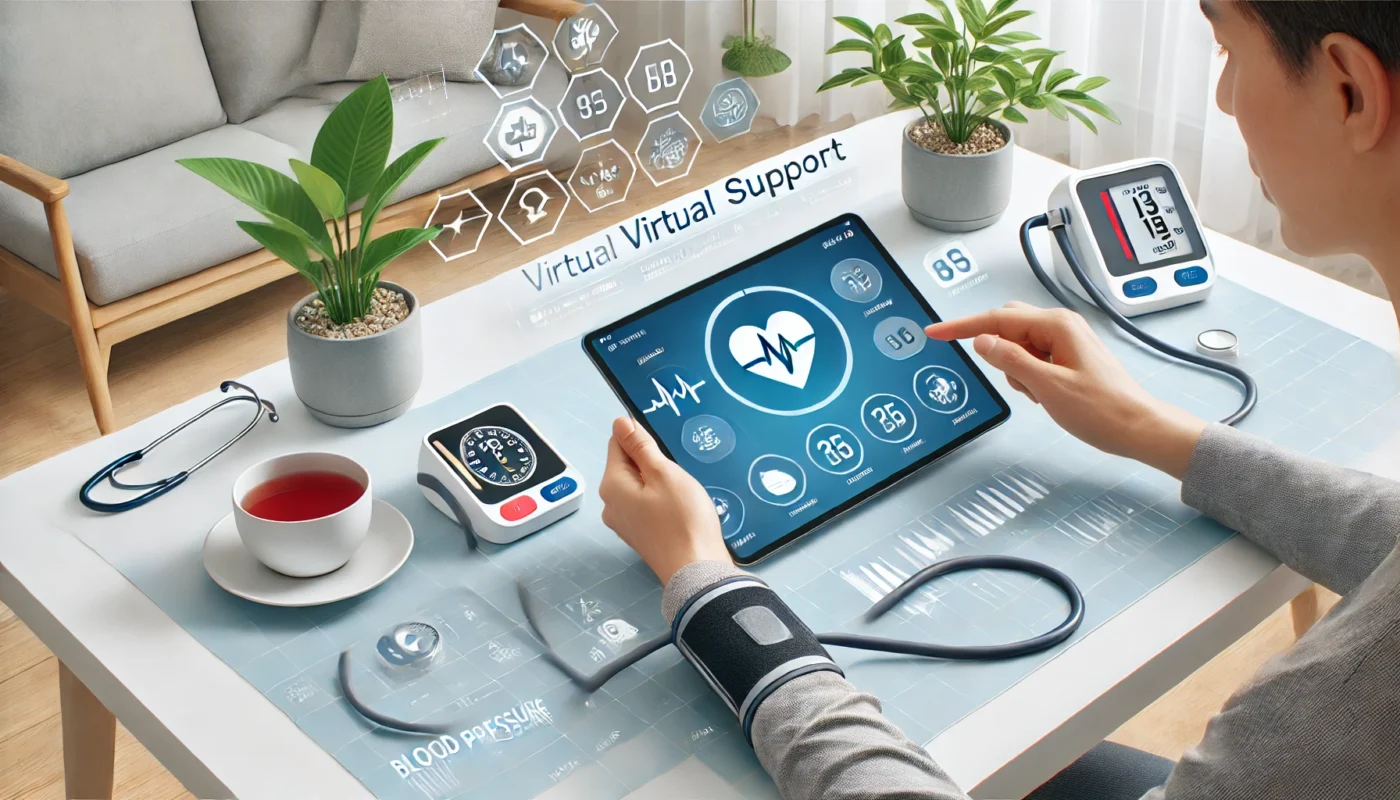 A simple and text-free depiction of a patient using a tablet for virtual support in hypertension care, with a cup of herbal tea and a blood pressure monitor on a table in a clean, modern home environment.