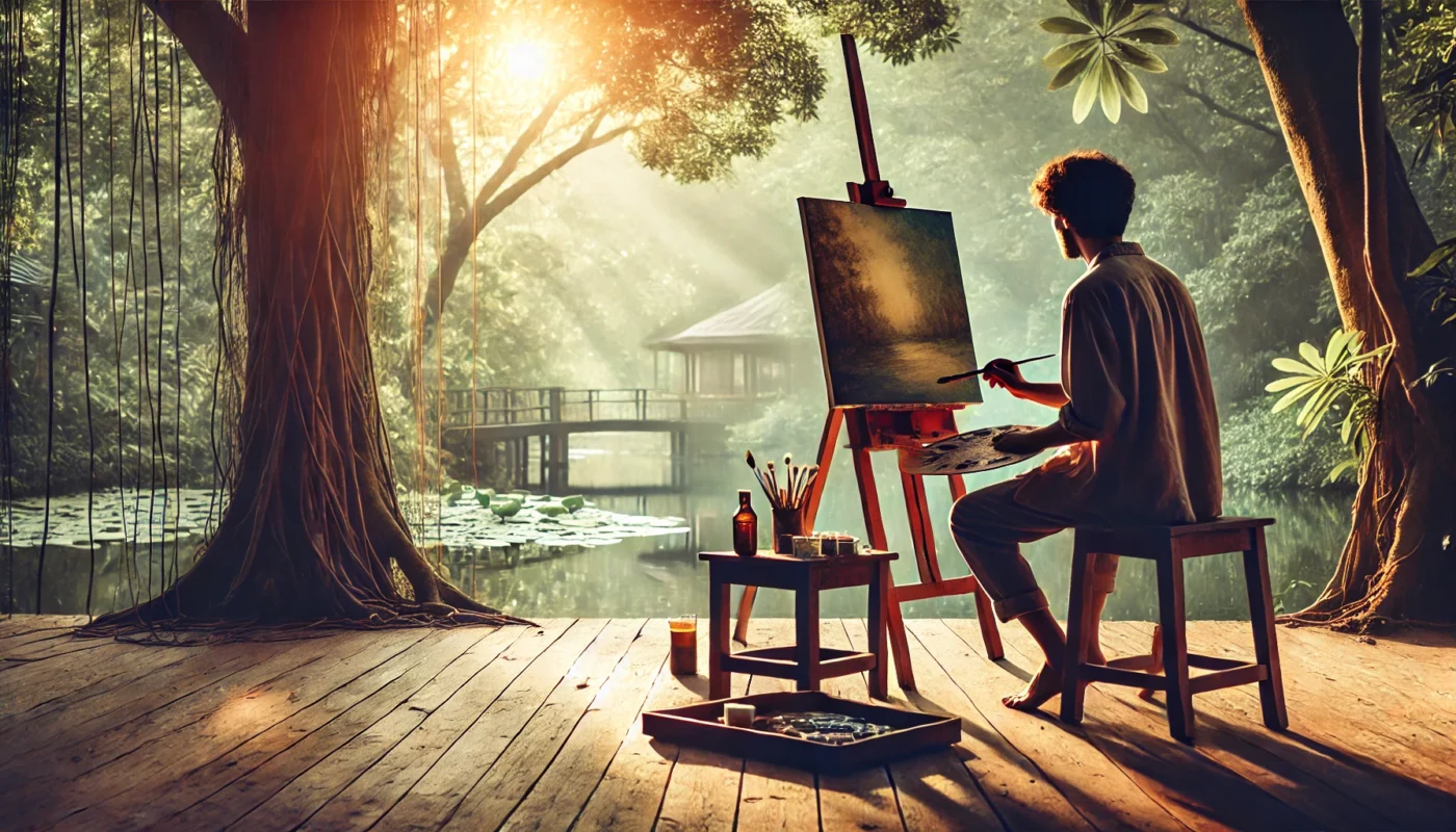 A serene, widescreen horizontal image of a person painting on an easel outdoors, surrounded by lush greenery and soft sunlight filtering through trees, illustrating the calming benefits of painting for stress relief and blood pressure management.