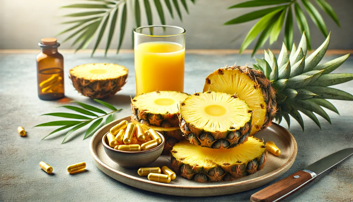 A high-resolution widescreen image of fresh pineapple slices on a ceramic plate with a small bowl of bromelain capsules beside it. Tropical leaves and a glass of pineapple juice in the background emphasize bromelain's anti-inflammatory benefits as a natural NSAID.