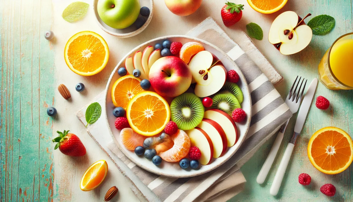 A clean and text-free image of a plate of sliced fruits, including apples, oranges, and berries, arranged attractively on a white plate with a natural and bright background.