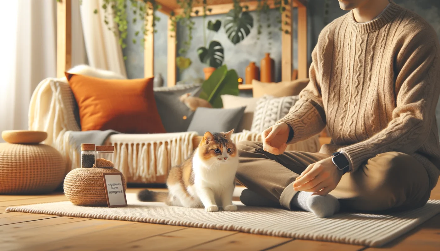 A cozy indoor scene of a person playing with a cat on a comfortable rug in a warmly lit living room, surrounded by plants and cushions. The image highlights the stress-relieving and calming effects of pets in managing hypertension.