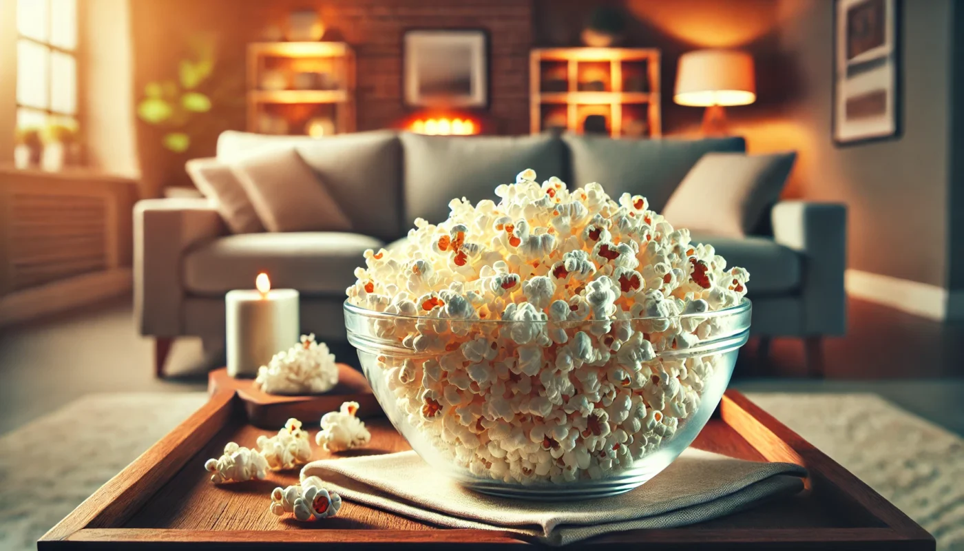 A widescreen image of air-popped popcorn served in a large glass bowl on a coffee table in a cozy living room setting. The plain, light, and fluffy popcorn is surrounded by a warm and inviting ambiance, showcasing it as a healthy and enjoyable snack.
