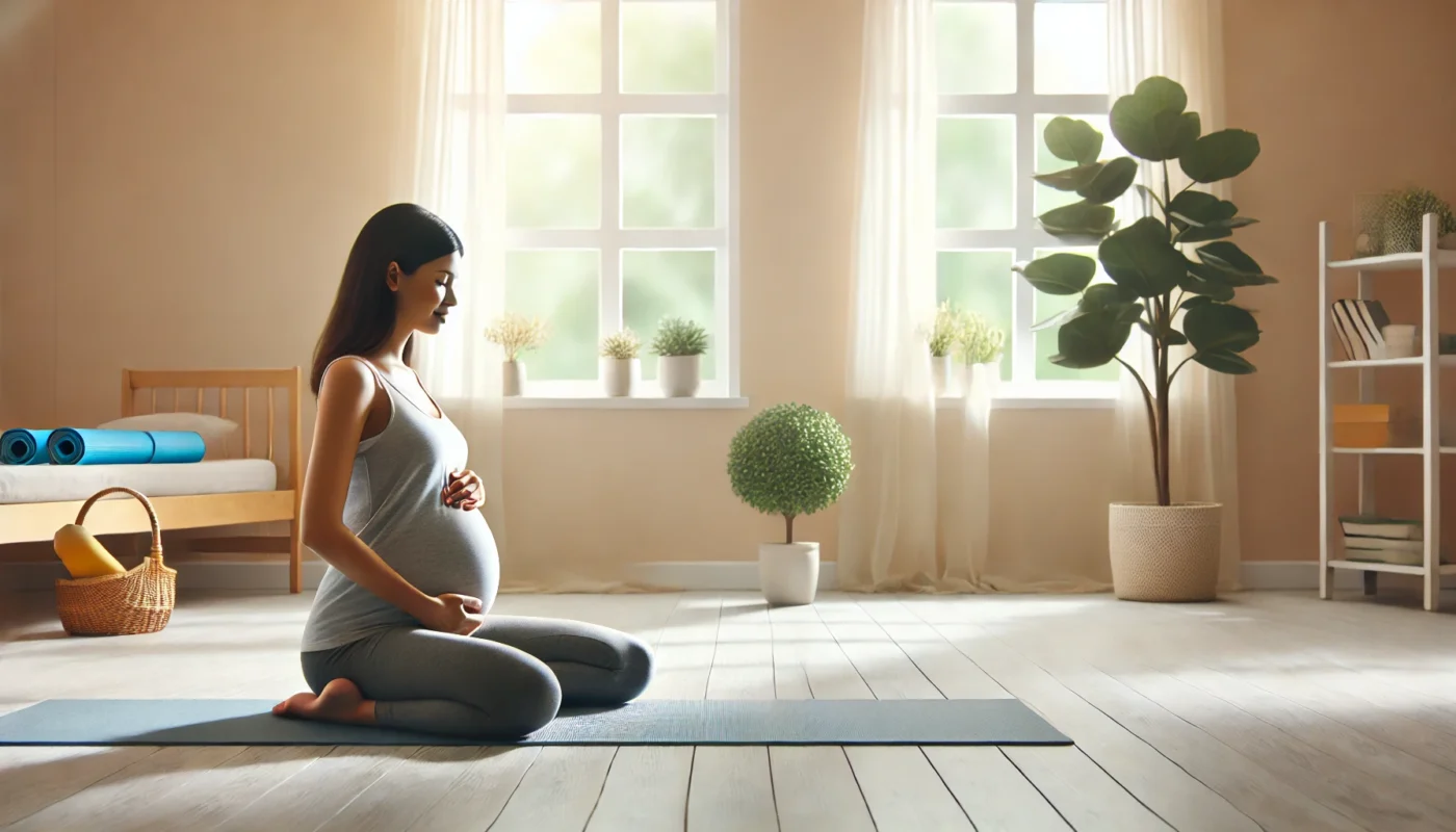 A serene, horizontal, widescreen image of a pregnant woman practicing prenatal yoga in a calm indoor setting, emphasizing relaxation and well-being during pregnancy.