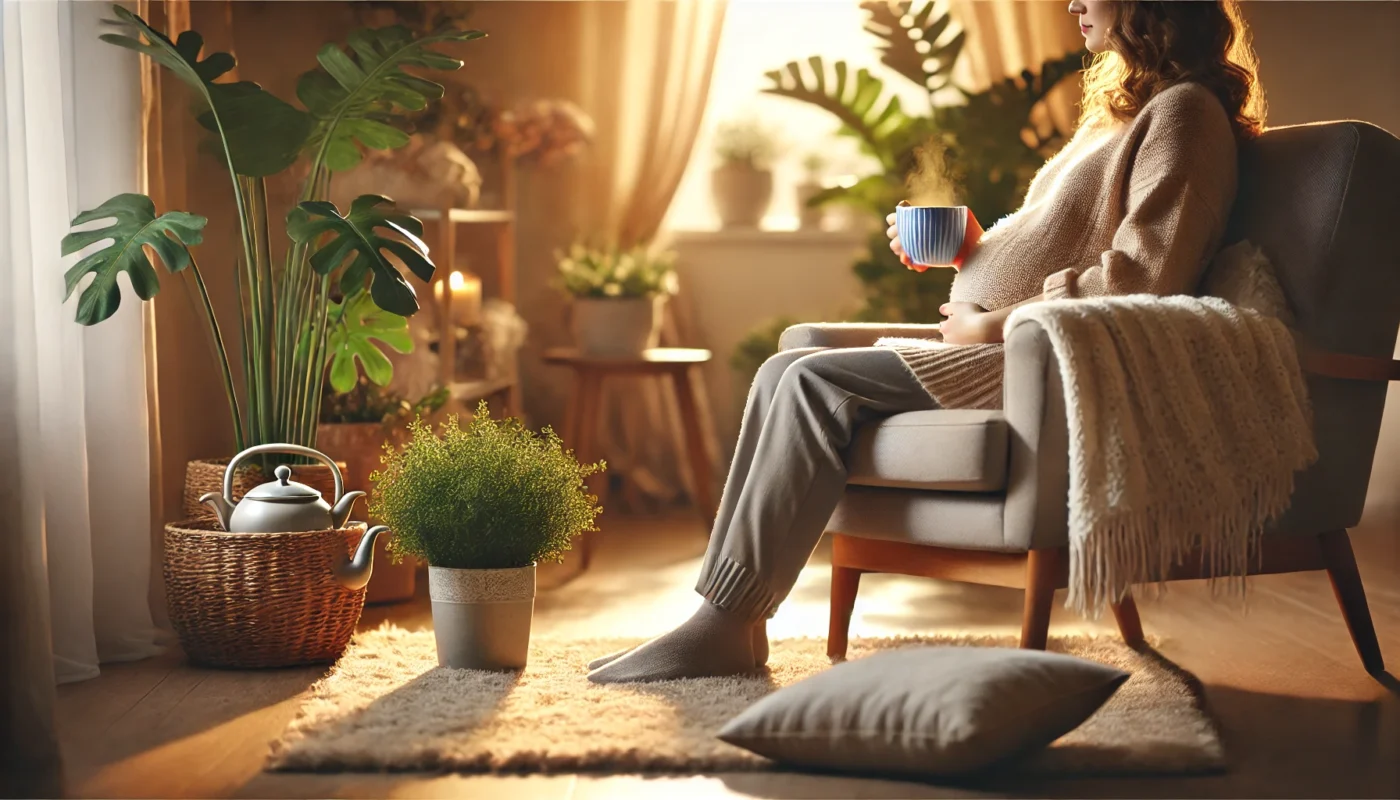 A horizontal, widescreen image of a pregnant woman seated in a comfortable armchair, holding a warm cup of tea. The scene features soft lighting, lush indoor plants, and a peaceful ambiance, emphasizing self-care and relaxation during pregnancy.