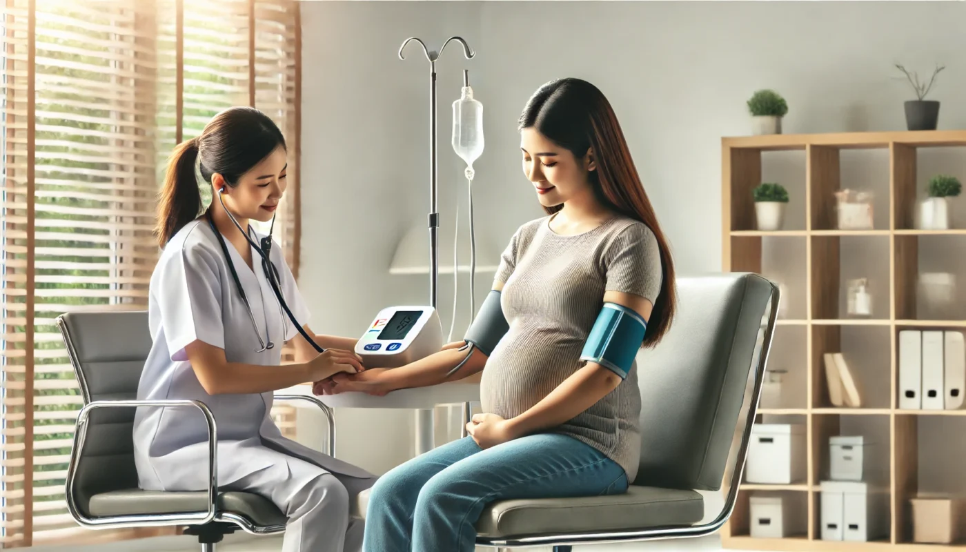 A horizontal, widescreen image depicting a serene prenatal care scene. A pregnant woman is seated in a modern medical office while a healthcare professional measures her blood pressure with a digital sphygmomanometer. The setting emphasizes the importance of regular health monitoring during pregnancy in a calm and supportive environment.