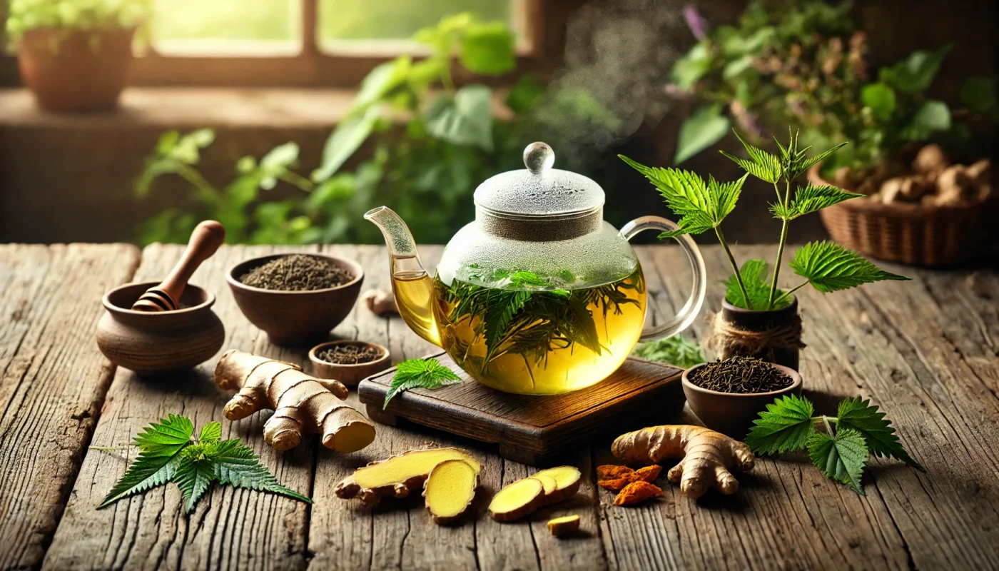 A serene setup featuring a steaming glass teapot with herbal tea, surrounded by fresh ginger, turmeric roots, dried green tea leaves, and nettle leaves on a rustic wooden table. Soft natural light streams through a window, creating a calming atmosphere perfect for preparing herbal remedies.